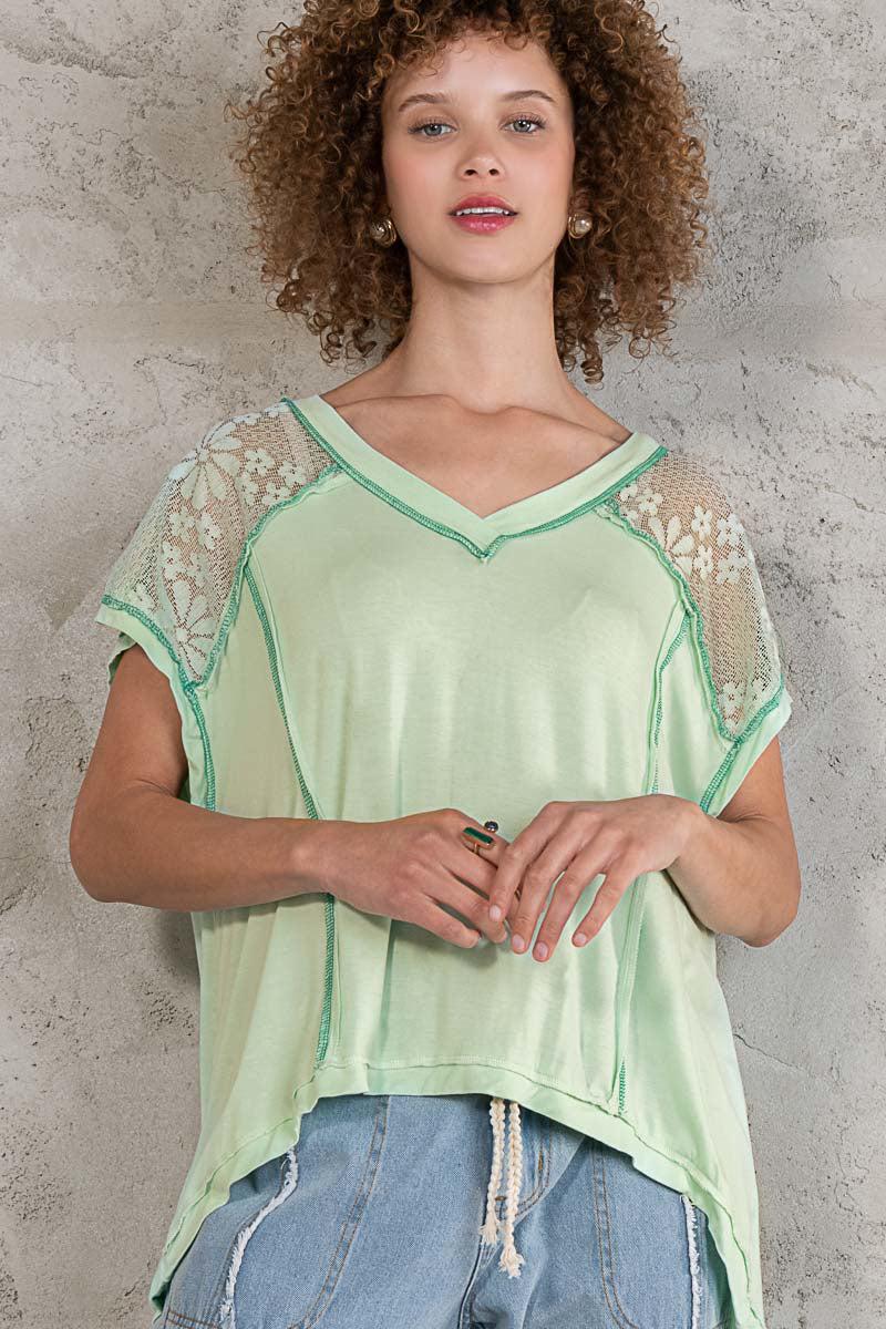 Lime Cream V-Neck Lace Back Top