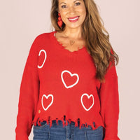 Knit V-Neck Sweater - Valentines (Hearts)