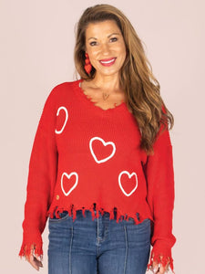 Knit V-Neck Sweater - Valentines (Hearts)