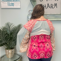 Hot Pink Aztec Mixed Print Blouse