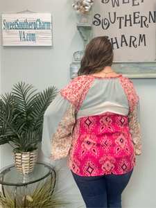 Hot Pink Aztec Mixed Print Blouse