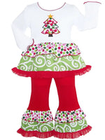 Red Christmas Tree Rumba Tunic & Ruffle Pants Girls Set
