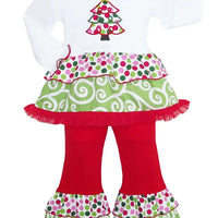 Red Christmas Tree Rumba Tunic & Ruffle Pants Girls Set