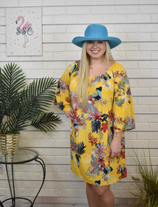 Yellow Floral Bell Sleeve Dress