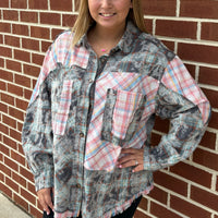 Light Teal Color Block Plaid Shirt