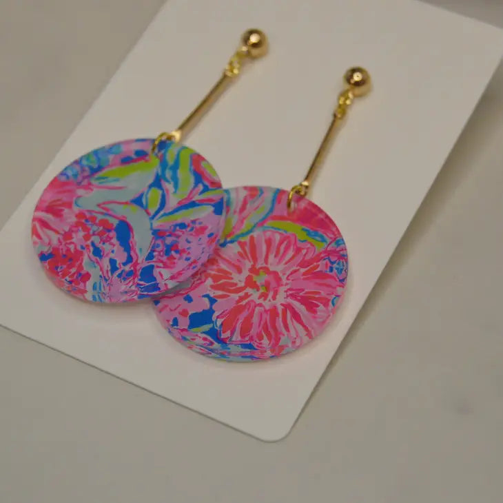 Pink Floral Circle Dangle Acrylic Earring