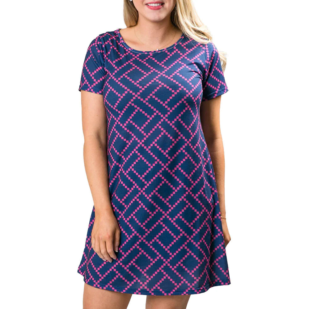 116 - Top it Off - Gia T-Shirt Dress - Navy and Pink Geometric