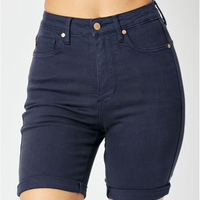 150270 Judy Blue - Navy HW Garment Dyed Tummy Control Bermuda Shorts