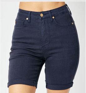 150270 Judy Blue - Navy HW Garment Dyed Tummy Control Bermuda Shorts