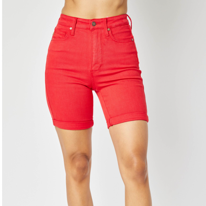 150279 Judy Blue - Hi-Waist Tummy Control Bermuda Shorts - Red
