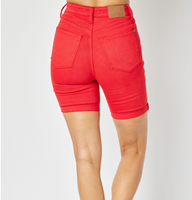 150279 Judy Blue - Hi-Waist Tummy Control Bermuda Shorts - Red
