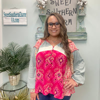 Hot Pink Aztec Mixed Print Blouse