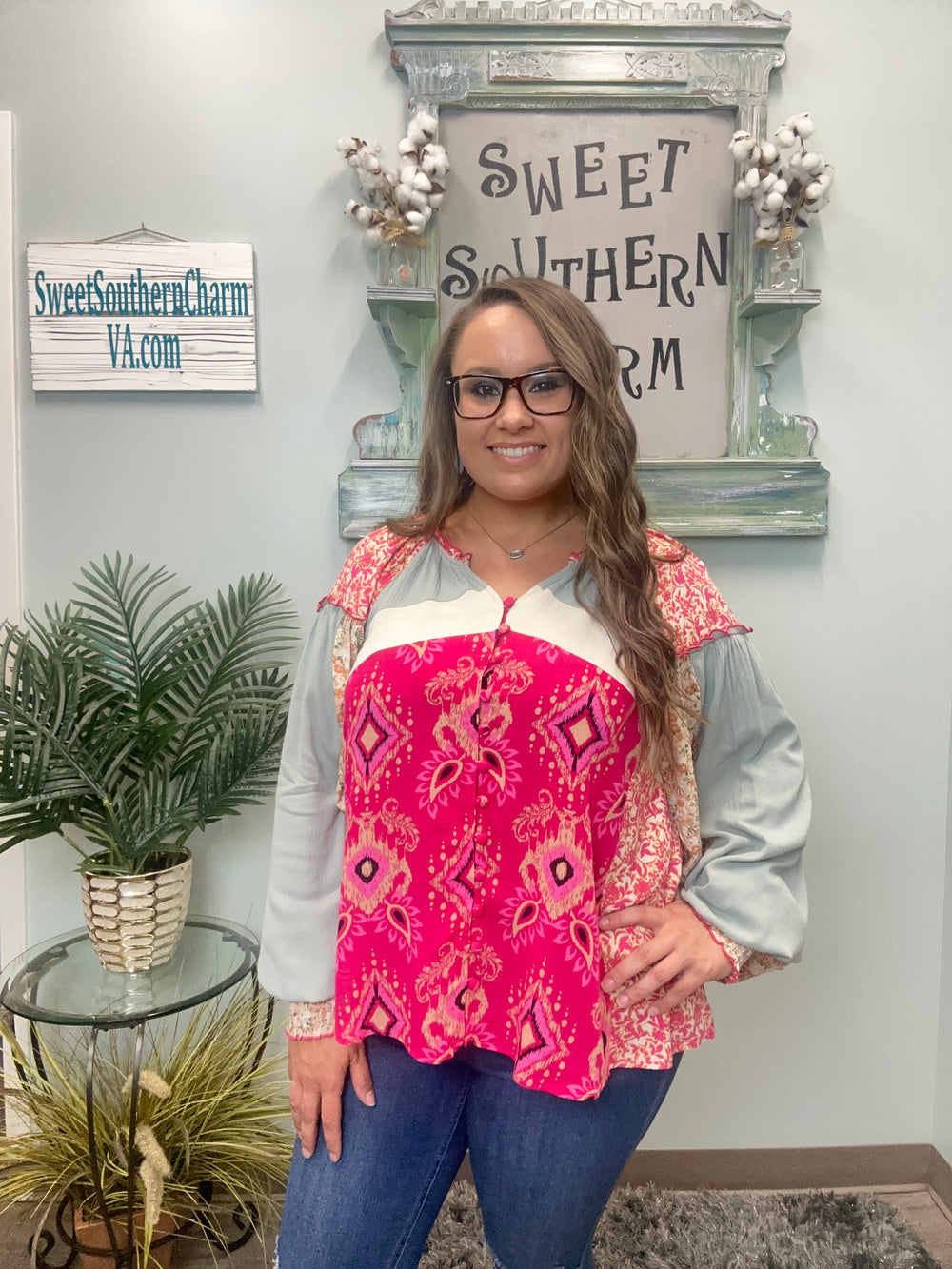 Hot Pink Aztec Mixed Print Blouse