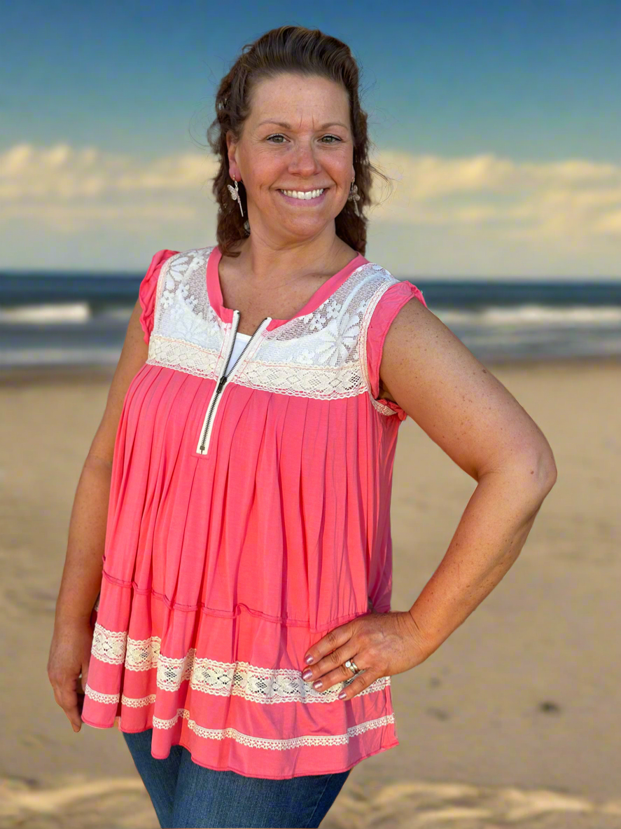 Watermelon Pink Sleeveless Top with Lace Detail