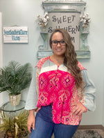 Hot Pink Aztec Mixed Print Blouse
