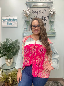 Hot Pink Aztec Mixed Print Blouse