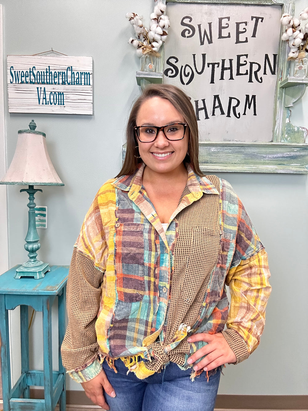 Mocha Washed Plaid Color Block Button Down Shirt