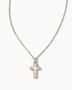 Cross Rhodium Pendant Necklace in White Kyocera Opal