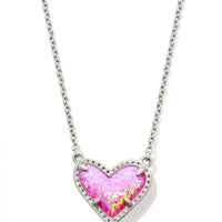 Ari Heart Short Pendant Necklace Rhodium Bubblegum Pink Opal