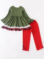 Green Ruffle Dress & Red Pant 2pc Set
