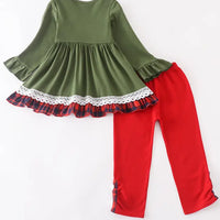 Green Ruffle Dress & Red Pant 2pc Set