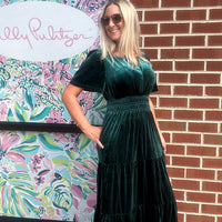 Velvet Short Sleeve Tiered Maxi Dress – Evergreen