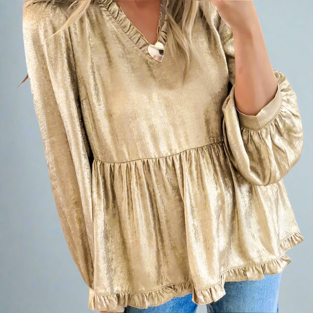 Gold Metallic Frilled Babydoll Blouse