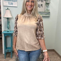 Taupe Paisley Embroidered Sleeve Suede Top