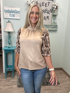 Taupe Paisley Embroidered Sleeve Suede Top