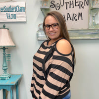 Taupe & Black Striped Open Shoulder Top