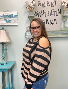 Taupe & Black Striped Open Shoulder Top