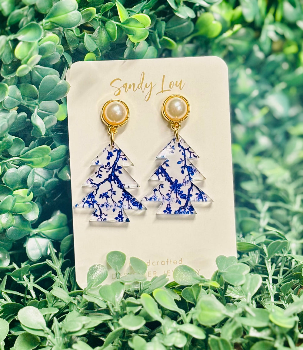 Blue Willow Holiday Tree Earrings