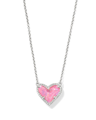 Ari Heart Rhodium Pendant Necklace in Pink Iridescent Glitter Glass