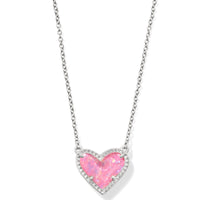 Ari Heart Rhodium Pendant Necklace in Pink Iridescent Glitter Glass