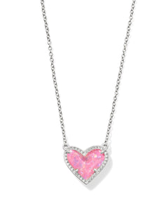 Ari Heart Rhodium Pendant Necklace in Pink Iridescent Glitter Glass