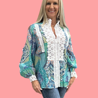 Aqua Paisley Printed Long Sleeve Top