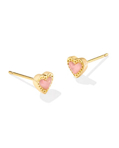 Mini Ari Heart Gold Stud Earrings in Rose Quartz