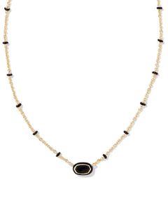 Mini Elisa Gold Enamel Frame Short Pendant Necklace in Black Agate