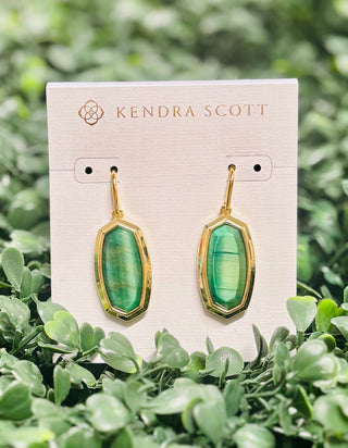 Dani Bezel Gold Drop Earrings in Green Tigers Eye