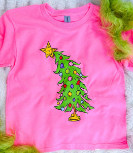 Youth Whoville Christmas Tree Neon Pink Tee