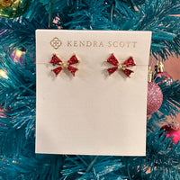 Blair Gold Bow Small Stud Earrings in Bright Red Drusy