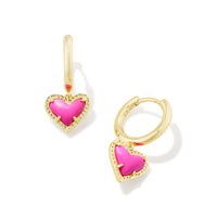 Ari Heart Huggie Gold Earrings in Neon Pink Magnesite