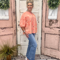 Coral Textured Top With Floral Detail