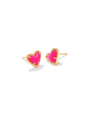 Ari Heart Gold Stud Earrings in Neon Pink