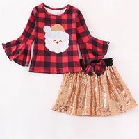 Red and Black Plaid Santa Applique Sequin Skirt Set