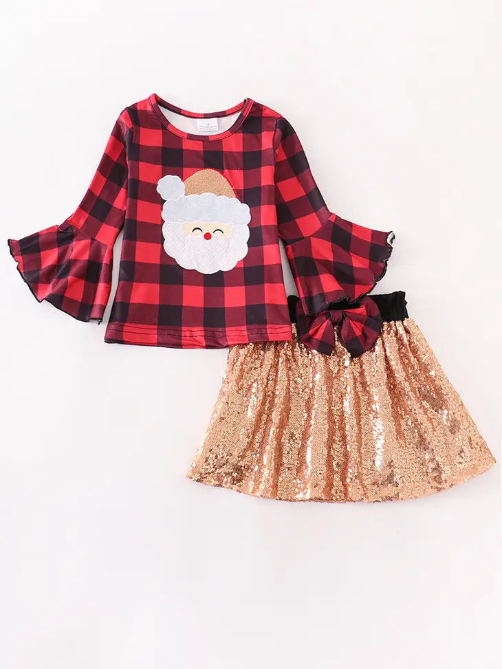 Red and Black Plaid Santa Applique Sequin Skirt Set