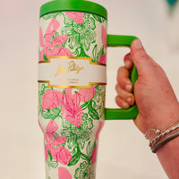 40oz tumbler, stainless steel tumbler, Sunset Shadows cup, large insulated cup, Lilly Pulitzer tumbler, reusable straw tumbler, cupholder friendly drinkware
