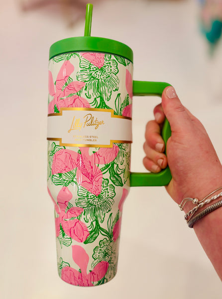 40oz tumbler, stainless steel tumbler, Sunset Shadows cup, large insulated cup, Lilly Pulitzer tumbler, reusable straw tumbler, cupholder friendly drinkware