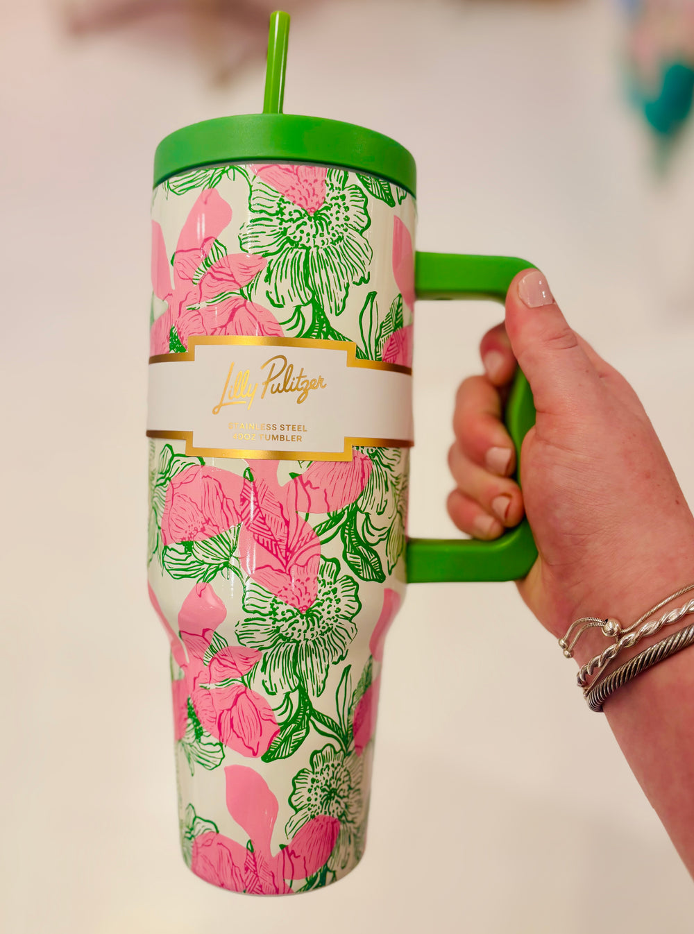 40oz tumbler, stainless steel tumbler, Sunset Shadows cup, large insulated cup, Lilly Pulitzer tumbler, reusable straw tumbler, cupholder friendly drinkware