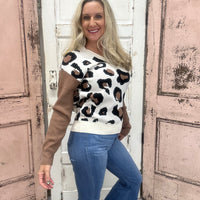 Leopard Color Block V-Neck Sweater